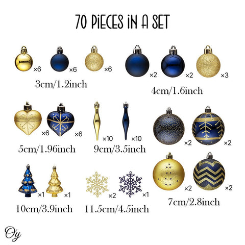 Glam and Glittered Gold and Blue Elegant Christmas Ornament Set, 70 Assorted Balls, Trees, Snowflakes, and Royal Heart Pendants