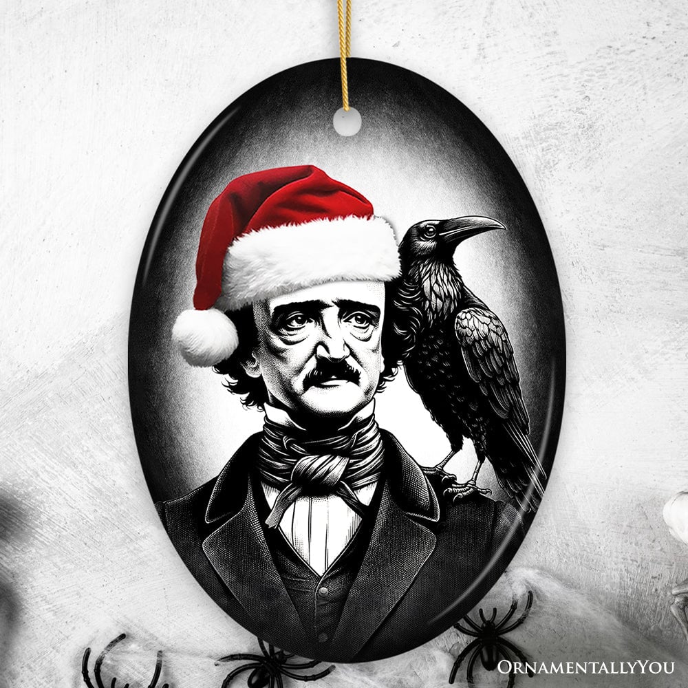 Gothic Edgar Allan Poe with Santa Hat And Raven Ornament, Spooky Hallo ...