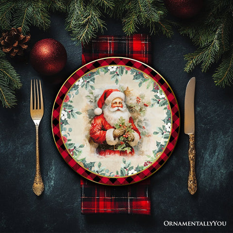 Decor Steals Special -  Holiday Cheer Set of 4 Plates with Real Gold Plaid Trim, Christmas Tableware Collection for Salad, Dessert, Appetizer, and Side Plates (Copy)