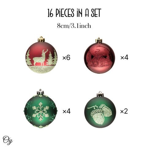 Majestic Winterly Nature Glittered Ornament Bauble Set, Red and Green Balls Bundle with Acorns, Snowflakes, and Spruce Tree Accents