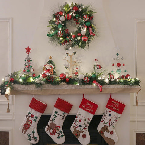 Merry and Bright Bold Christmas Sparkling Wreath, Red and Green Onrament Baubles and Stocking Decor , Holiday Door