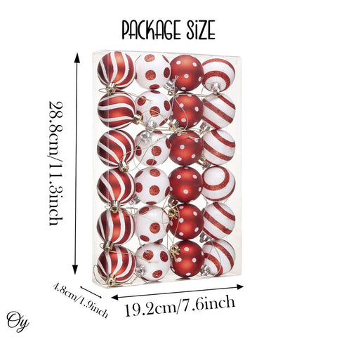 Polka Dot and Candycane Color Style Ornament Ball Bundle, Set of 24 Red and White Patterned Christmas Baubles