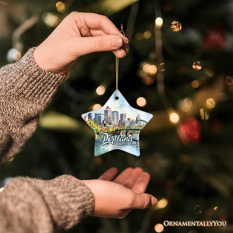 Portland City Skyline Ceramic Ornament, Oregon Travel Souvenir Christmas Decoration