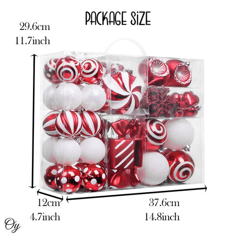 Premium Christmas Candy Red and White Large Ornament Set, Candycane Color 108 Piece Bauble Bundle