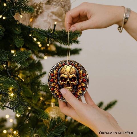 Spine-Chilling Haunting Skull Stained Glass Style Ceramic Ornament, Halloween Themed Christmas Gift and Decor