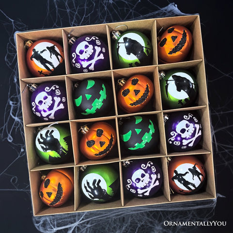 The Face of Spooky Horror 16 Piece Ornament Shatterproof Bundle Set, Halloween Pumpkin, Zombie, and Goblin