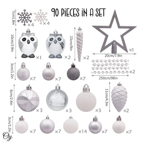 Winter Woodlands Large White and Silver Ornament Set of 90, Glittery Snow Owls, Cones, Snowflakes, and Stalactites