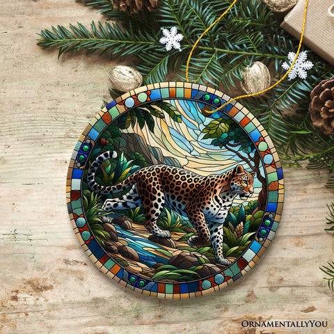 African Leopard Expedition Stained Glass Style Ceramic Ornament, Safari Animals Christmas Gift and Decor