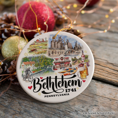 Artistic Bethlehem City Ceramic Watercolor Ornament, Pennsylvania State Colonial and Industrial Christmas Gift