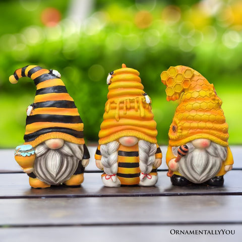 Buzzy Trio Set of Three Bumble Bee Gnome Figurines, 6" Tiered Tray Home or Garden Decoration