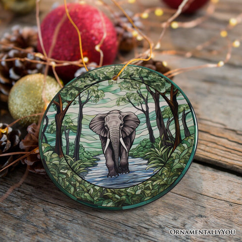 Elephant Elegance Stained Glass Style Ceramic Ornament, African Animals Christmas Gift and Decor