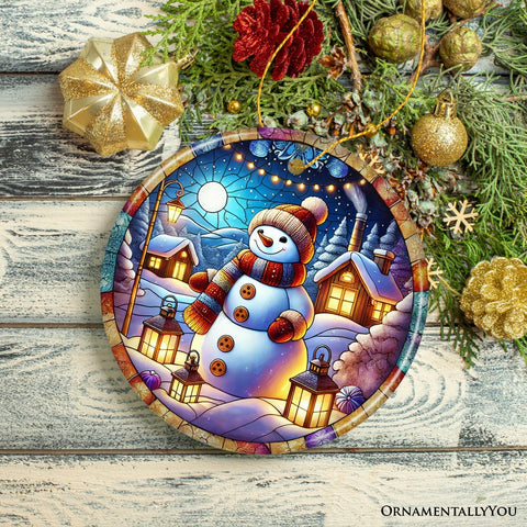 Enchanting Snowman with Cozy Lantern in Winter Village Ceramic Ornament for Decor and Gift