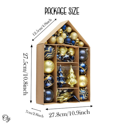 Glam and Glittered Gold and Blue Elegant Christmas Ornament Set, 70 Assorted Balls, Trees, Snowflakes, and Royal Heart Pendants
