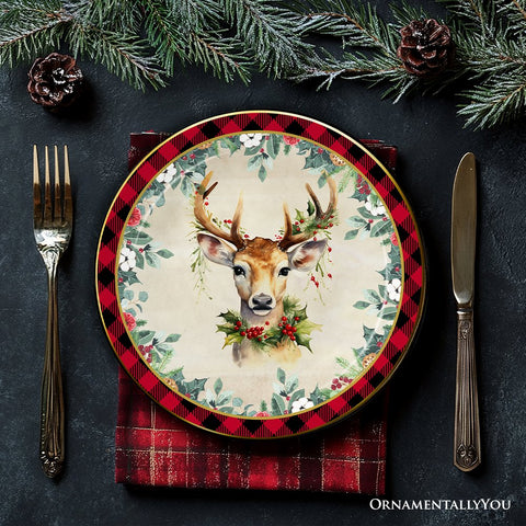 Holiday Cheer Set of 4 Plates with Real Gold Plaid Trim, Christmas Tableware Collection for Salad, Dessert, Appetizer, and Side Plates