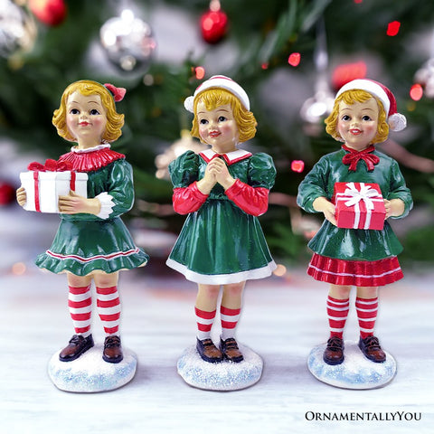 Elegant Victorian Christmas Girl Set of Three Figurines, 6" Holiday Home Decor