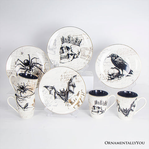 Gothic Elegance Set of 4 Plates with Real Gold Trim, Halloween Tableware Collection for Salad, Dessert, Appetizer, and Side Plates