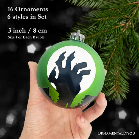 The Face of Spooky Horror 16 Piece Ornament Shatterproof Bundle Set, Halloween Pumpkin, Zombie, and Goblin