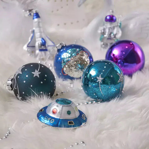 Galactic Space Theme Glass Ornament Bundle, Purple Star Pattern Baubles, Astronaut, Spaceship, and UFO Decorations