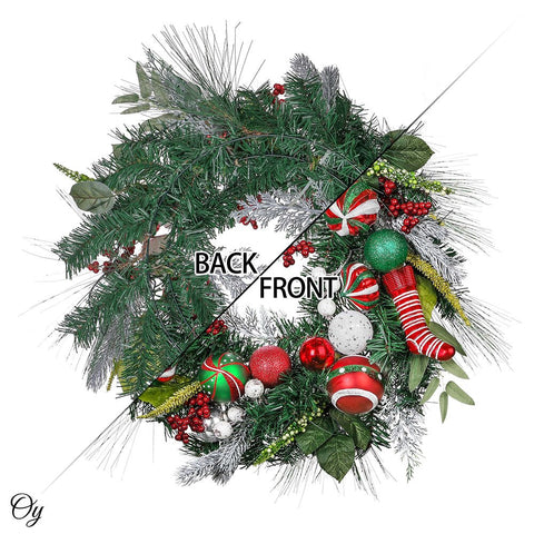 Merry and Bright Bold Christmas Sparkling Wreath, Red and Green Onrament Baubles and Stocking Decor , Holiday Door