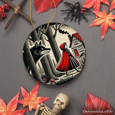 Mysterious Red Riding Hood in the Woods Ornament, Spooky Halloween Tree Decor