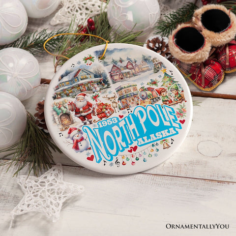 City of North Pole Alaska Artistic Christmas Ornament, Decorated Ceramic Souvenir with Santa and Elf Themes