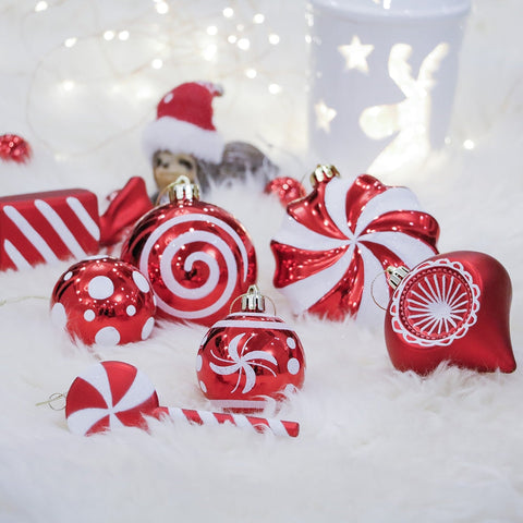 Premium Christmas Candy Red and White Large Ornament Set, Candycane Color 108 Piece Bauble Bundle