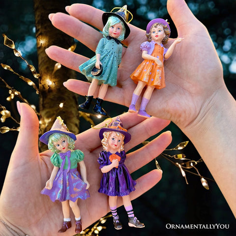 Classic Victorian Little Witch Girls Set of 4 Ornaments, Vintage Halloween Tree Resin Decoration