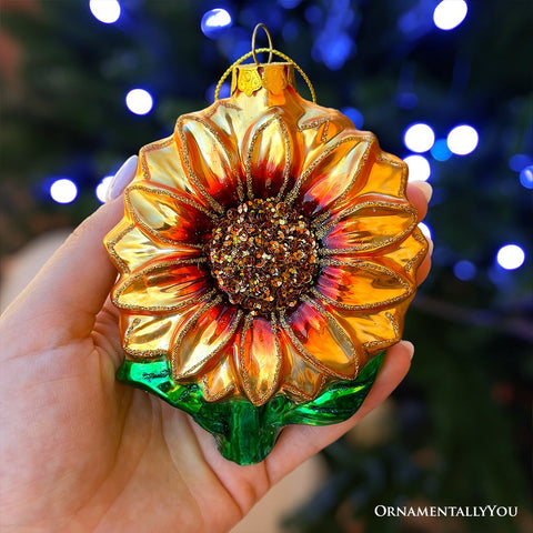 Glossy Charming Sunflower Glass Christmas Ornament, Flower Holiday Decor