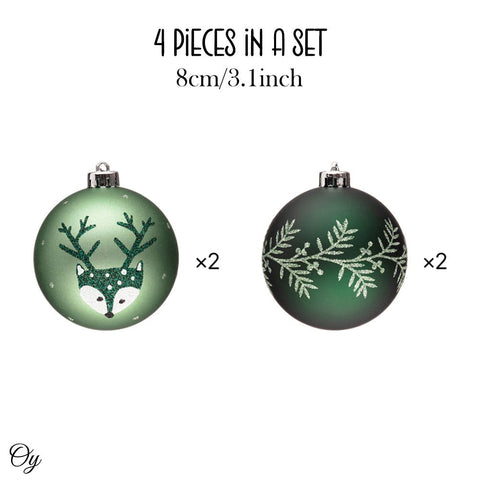 Unique Spruce Leaf and Woodland Deer Patterned Christmas Bauble Ball Set of Four, Glittered Light and Dark Green Ornaments