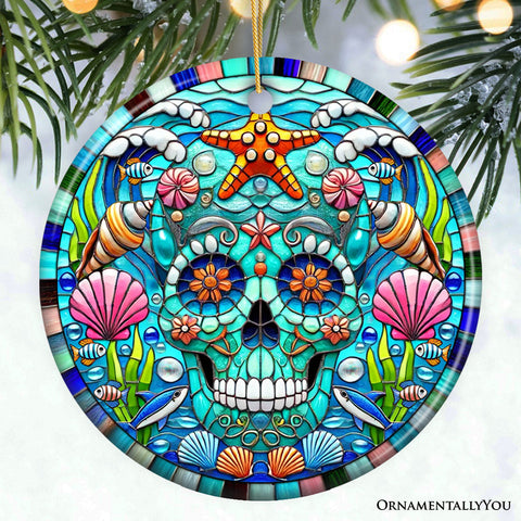 Oceanic Oasis Sugar Skull Stained Glass Style Ornament, Marine Wonder Christmas Gift and Decor