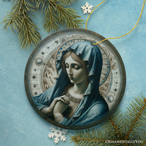 Holy Madonna Virgin Mary in Prayer Ceramic Ornament, Religious Painting Souvenir And Decor