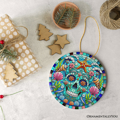 Oceanic Oasis Sugar Skull Stained Glass Style Ornament, Marine Wonder Christmas Gift and Decor