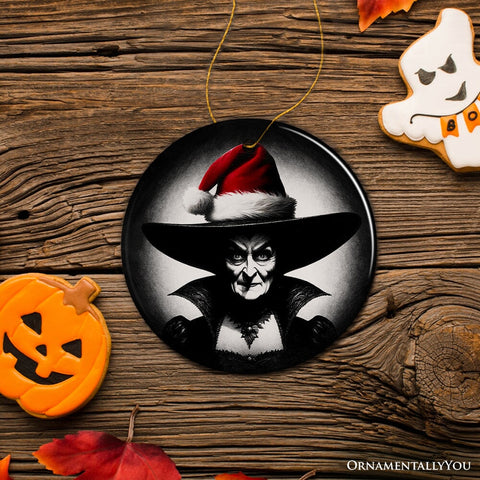 Spooky Witch with Santa Hat Ceramic Ornament, Halloween Themed Christmas Gift and Decor