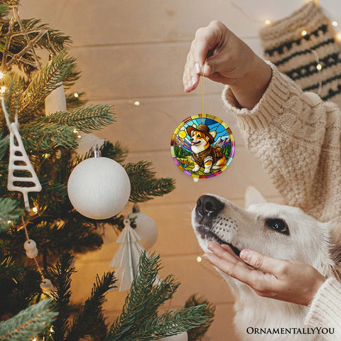 Corgi Adventurer Stained Glass Style Ceramic Ornament, Adorable Christmas Gift and Decor