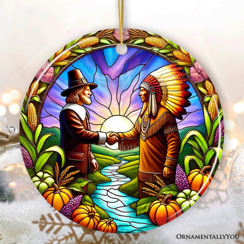 Pilgrim and Native American Chief Harmonious Unity Ornament, Vibrant Harvest Celebration Keepsake