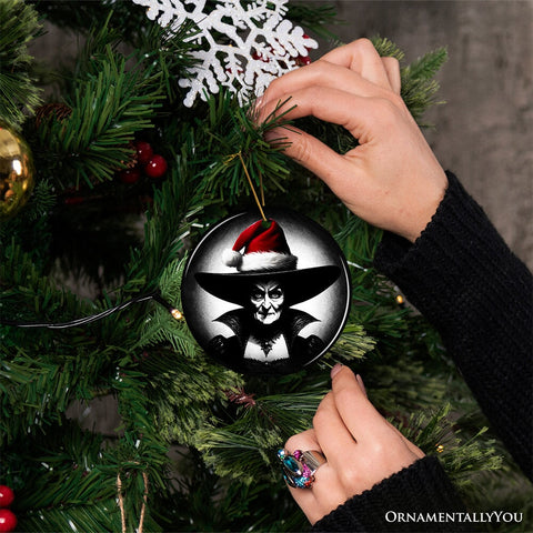 Spooky Witch with Santa Hat Ceramic Ornament, Halloween Themed Christmas Gift and Decor