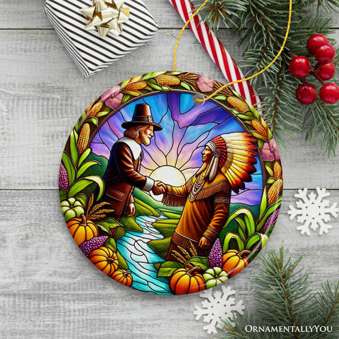 Pilgrim and Native American Chief Harmonious Unity Ornament, Vibrant Harvest Celebration Keepsake