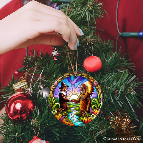 Pilgrim and Native American Chief Harmonious Unity Ornament, Vibrant Harvest Celebration Keepsake