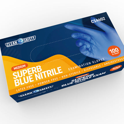 Superb Blue Nitrile Powder Free Examination Gloves, Single Use - Medium - 100 ct 10 Pack