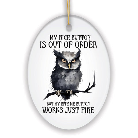 Nice Button Out of Order Quirky Owl Ornament, Cute and Funny Christmas Gift