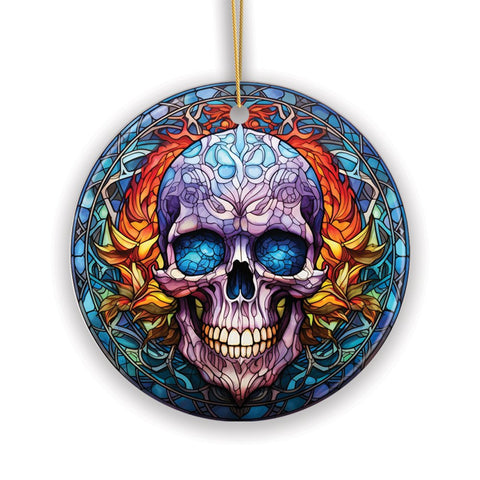 Grim Guardian Haunting Skull Stained Glass Style Ceramic Ornament, Halloween Themed Christmas Gift and Decor