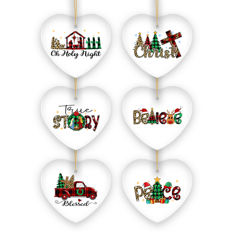 Religious Theme Plaid Ceramic Heart Christmas Ornament Bundle, Jesus and Christian Nativity
