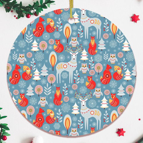 Scandinavian Folk Forest Animal Pattern Christmas Ornament, Deer, Fox, and Owl
