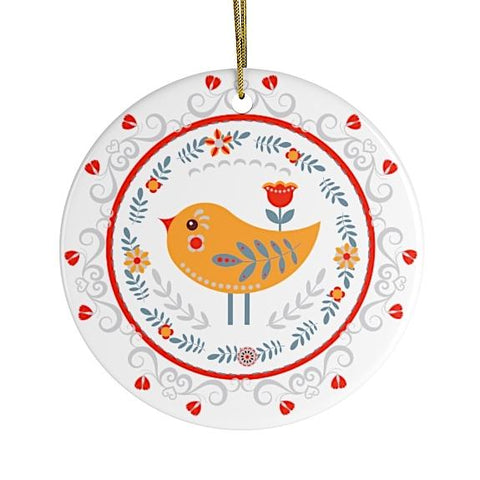 Scandinavian Yellow Bird Christmas Ornament, Ethnic Floral Pattern, Folk Illustration