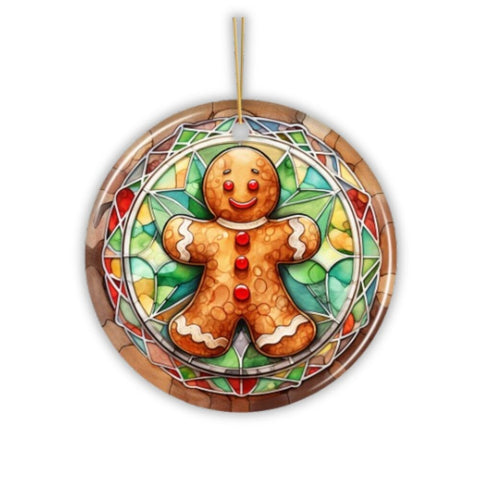Handmade Gingerbread Man Stained Glass Style Ceramic Ornament, Christmas Gift and Decor