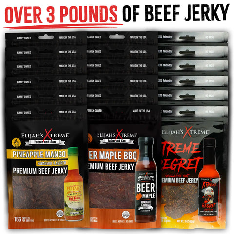 Elijah’s Xtreme Beef Jerky Bulk Trio - 6 bags of Each Flavor, 18 bags total (3lbs)