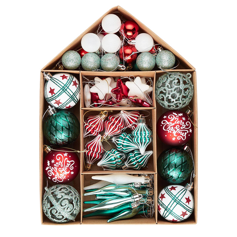 Elegantly Distinct Set of Christmas Ornaments Magenta, Green, White and Red Baubles, Icicles and Stars