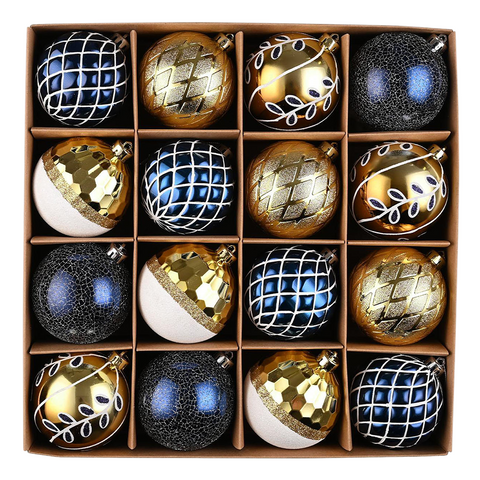 Festive Gold and Frosted Blue Assorted Ornament Bauble Bundle, Set of 16 Elegant Christmas Balls
