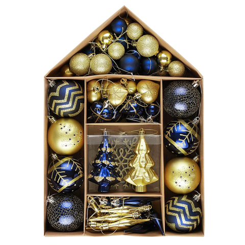 Glam and Glittered Gold and Blue Elegant Christmas Ornament Set, 70 Assorted Balls, Trees, Snowflakes, and Royal Heart Pendants