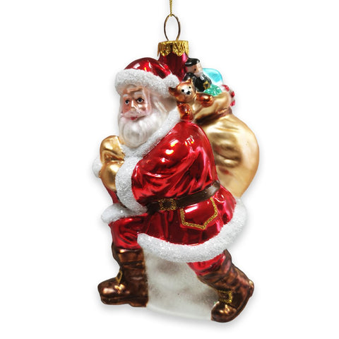 Holly Jolly Santa Claus with Gift Bag and Toys Blown Glass Christmas Ornament